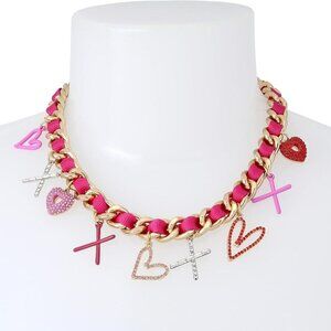 Betsey Johnson XOXO Heart Charm Necklace Pink Ribbon Rhinestone Valentine Gift